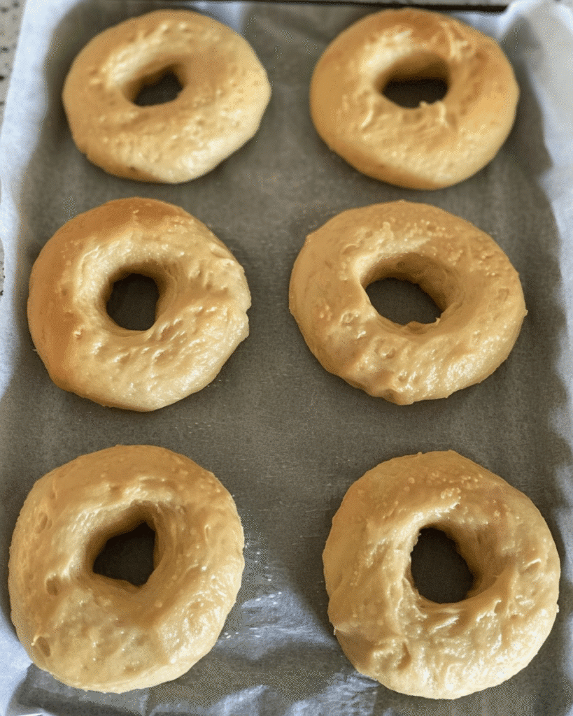 Easy Jalapeño Cheddar Sourdough Bagels with a Crispy Golden Crust 17 Pre-baked jalapeño cheddar bagels on tray