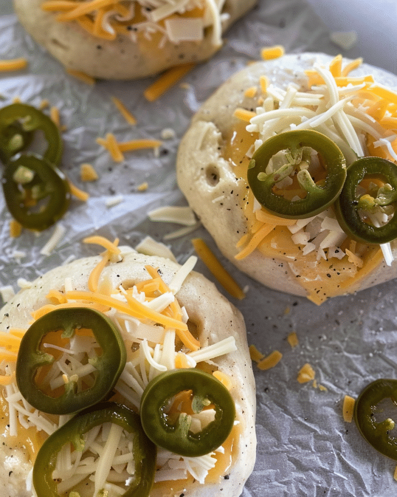 Easy Jalapeño Cheddar Sourdough Bagels with a Crispy Golden Crust 18 op with thin slices of jalapeño for visual appeal and a bit of kick.