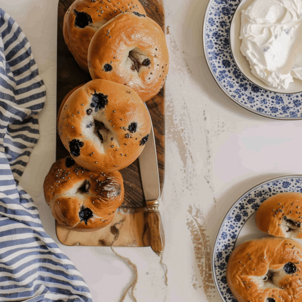 Golden sourdough blueberry bagels on a wood board beside a plate of cream cheese