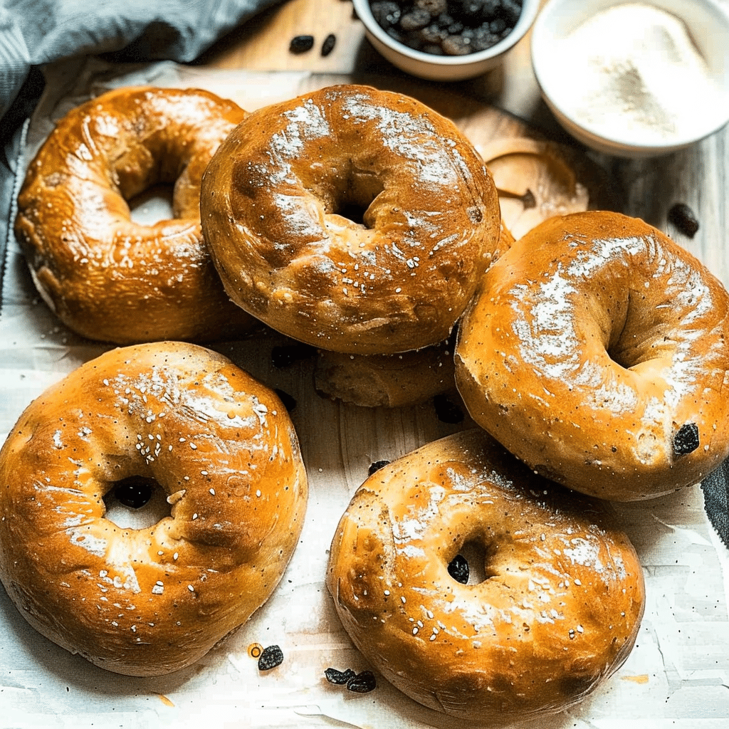 Cinnamon Raisin Sourdough Bagels: A Sweet and Tangy Breakfast Favorite 8 Homemade cinnamon raisin sourdough bagels on linen board