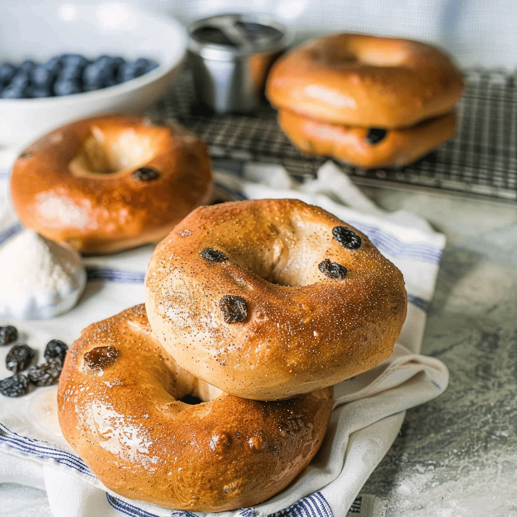 Cinnamon Raisin Sourdough Bagels: A Sweet and Tangy Breakfast Favorite 11 Stack of cinnamon raisin sourdough bagels with rustic breakfast setting