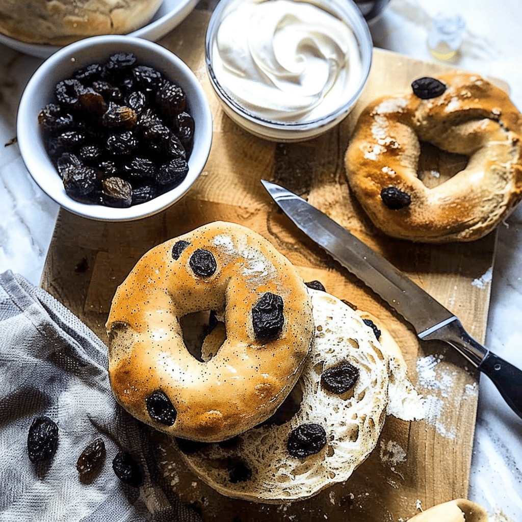 Cinnamon raisin sourdough bagel with cream cheese and berries