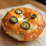Easy Jalapeño Cheddar Sourdough Bagels with a Crispy Golden Crust 13 Close-up of jalapeño cheddar sourdough bagel with melted cheese and sliced jalapeños on top