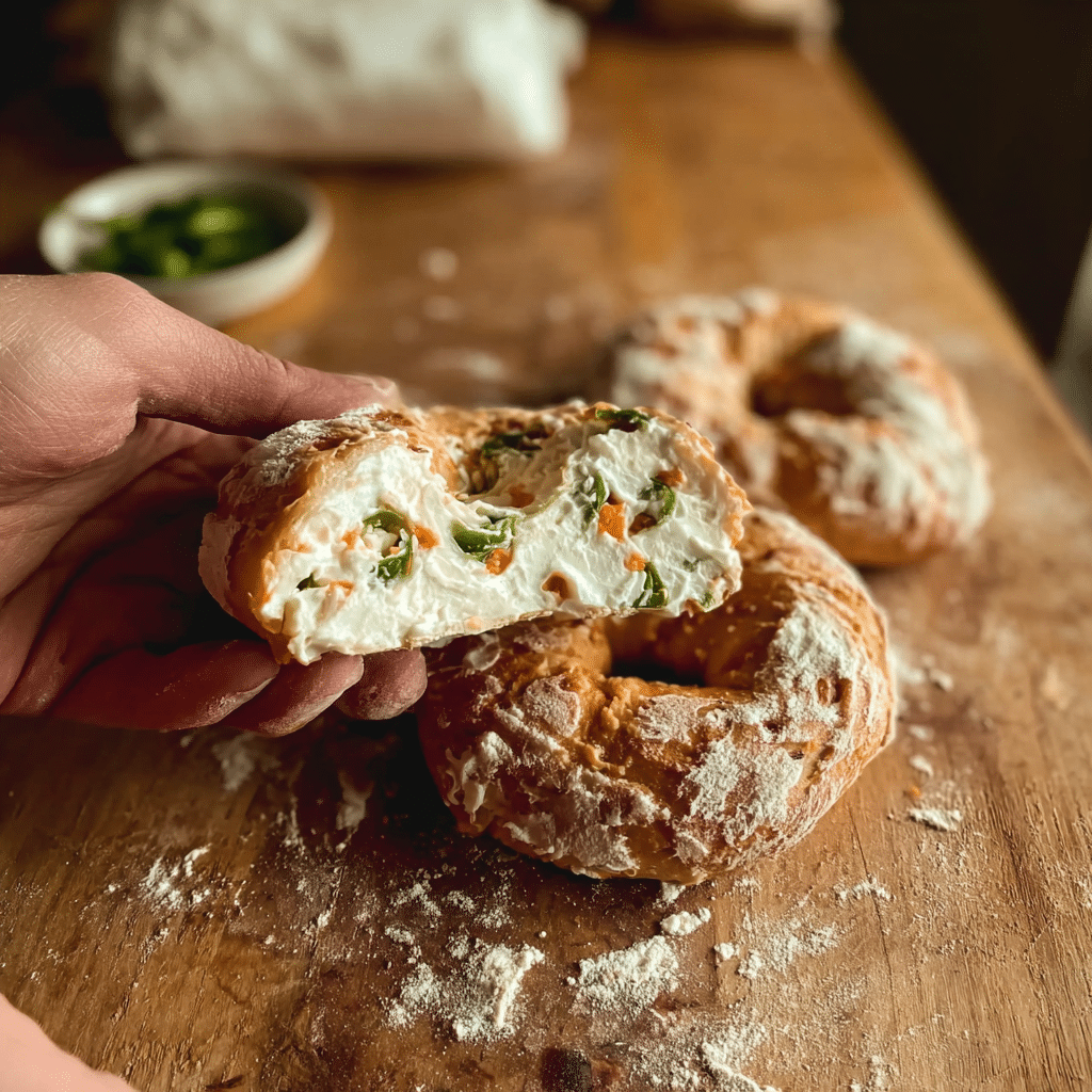 The Best Sourdough Bagels You Can Make at Home (5 Irresistible Flavors) 2 shaping jalapeño cheddar sourdough bagels on wooden board