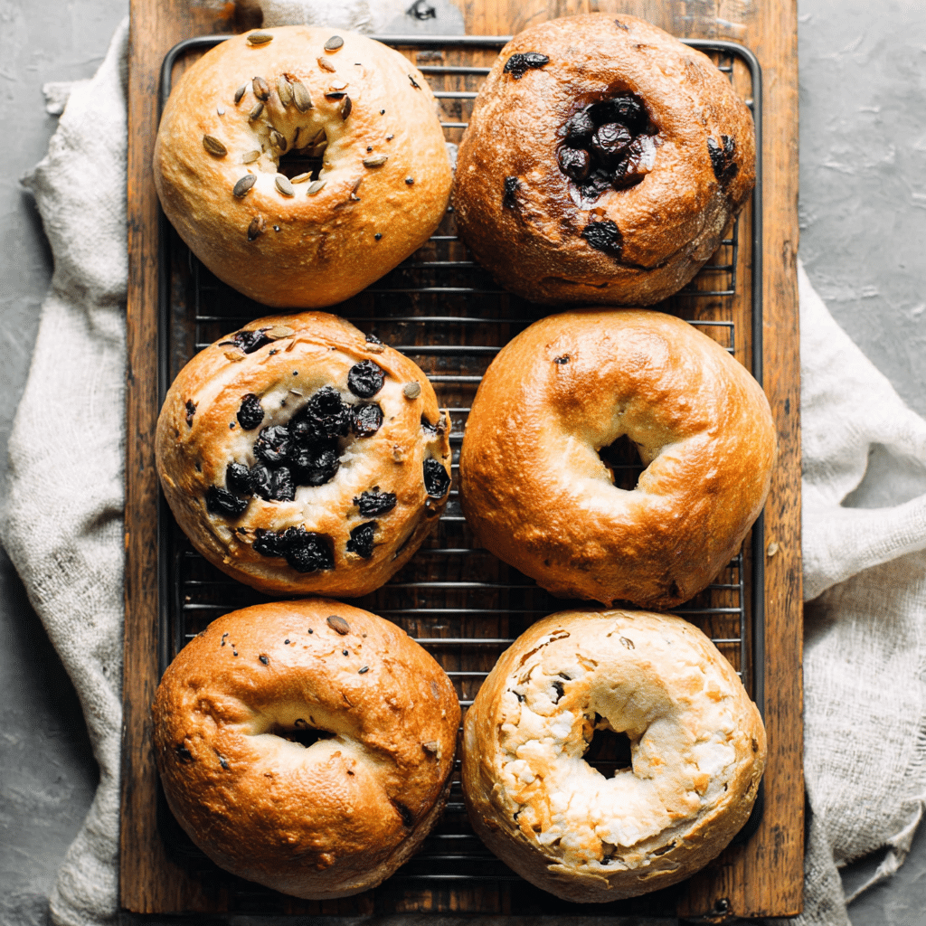 five types of sourdough bagels on a wooden board with rustic styling