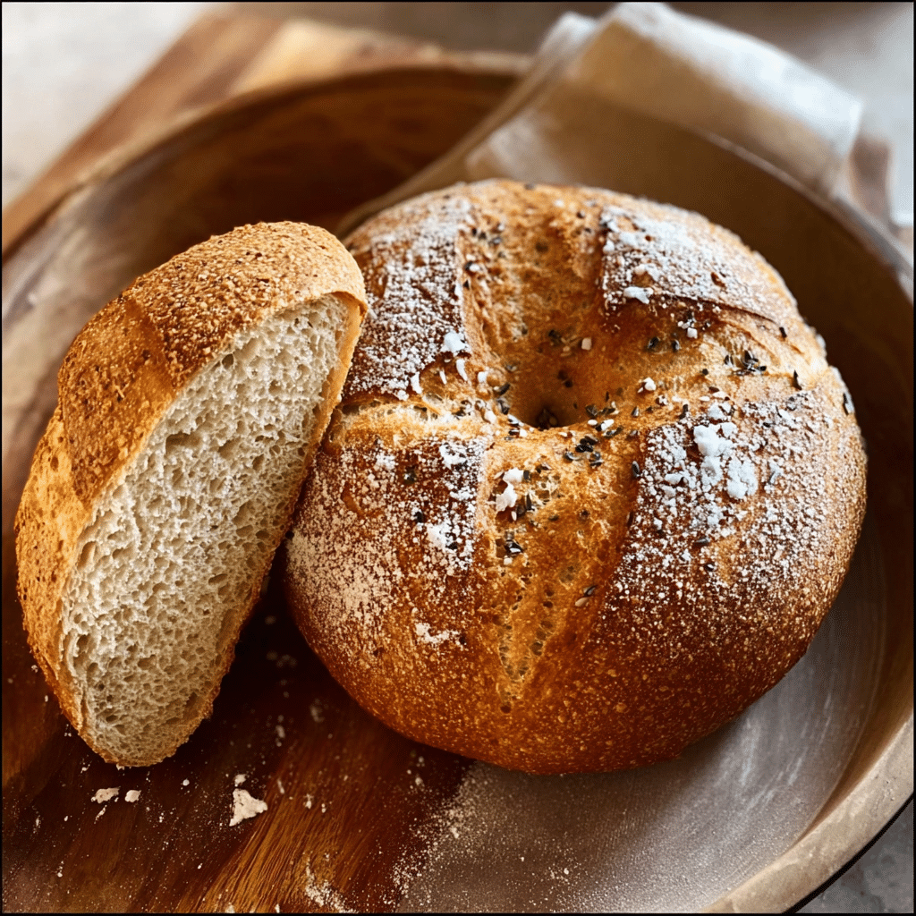 A round sourdough loaf cut open to show texture, illustrating the difference between sourdough bagels and bread