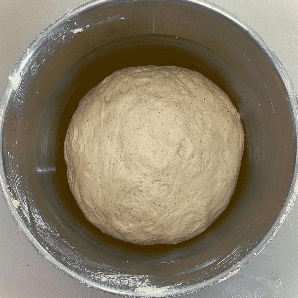 Sourdough discard pizza dough after bulk fermentation, doubled in size in a mixing bowl