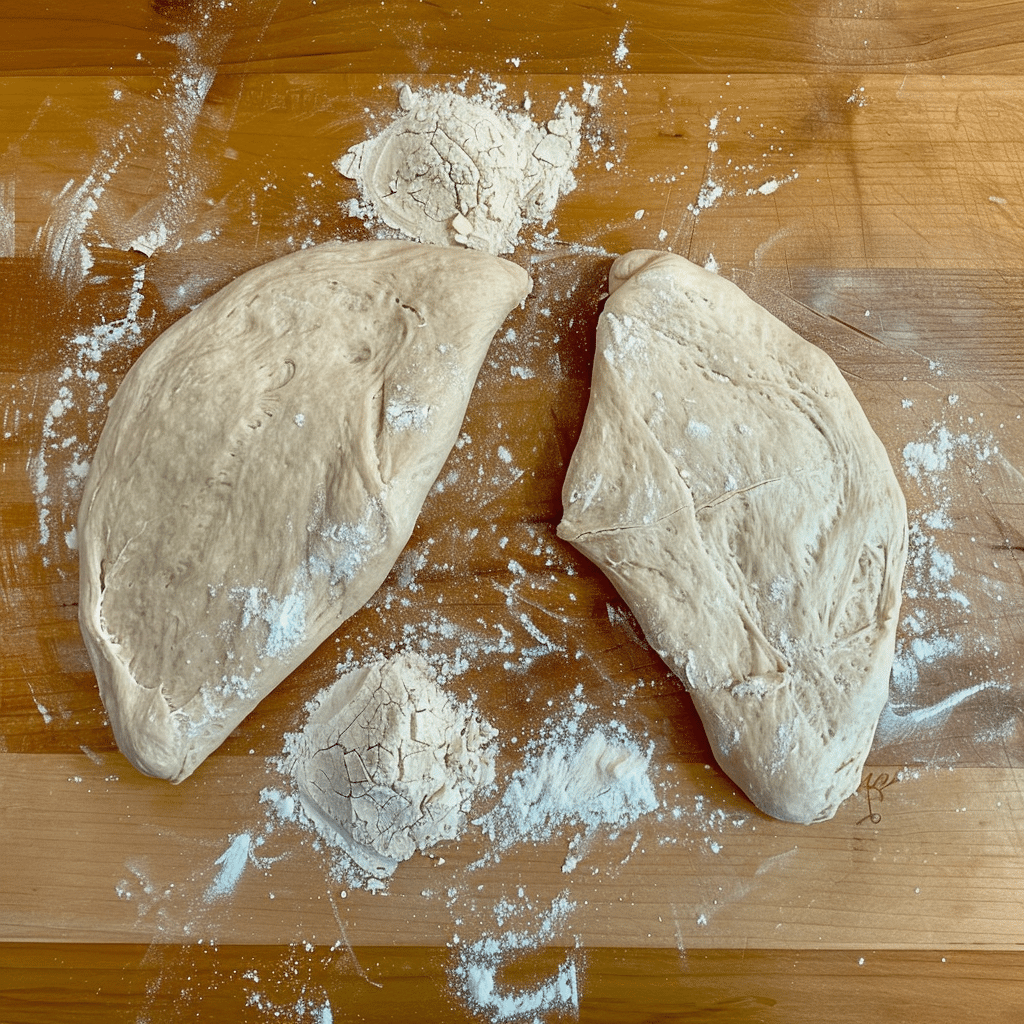Sourdough discard pizza dough divided into two equal pieces on a floured wooden surface
