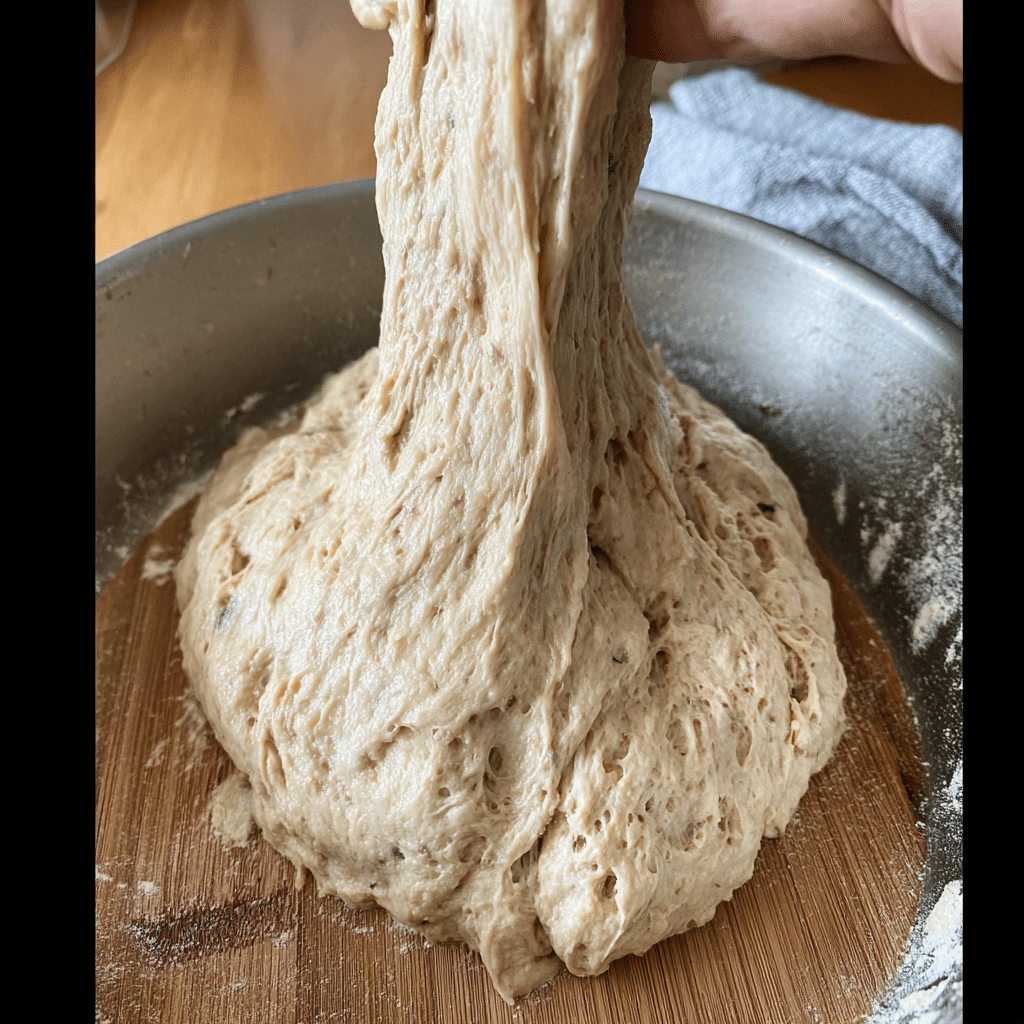 Stretching sourdough discard pizza dough by hand during the fold step in a mixing bowl