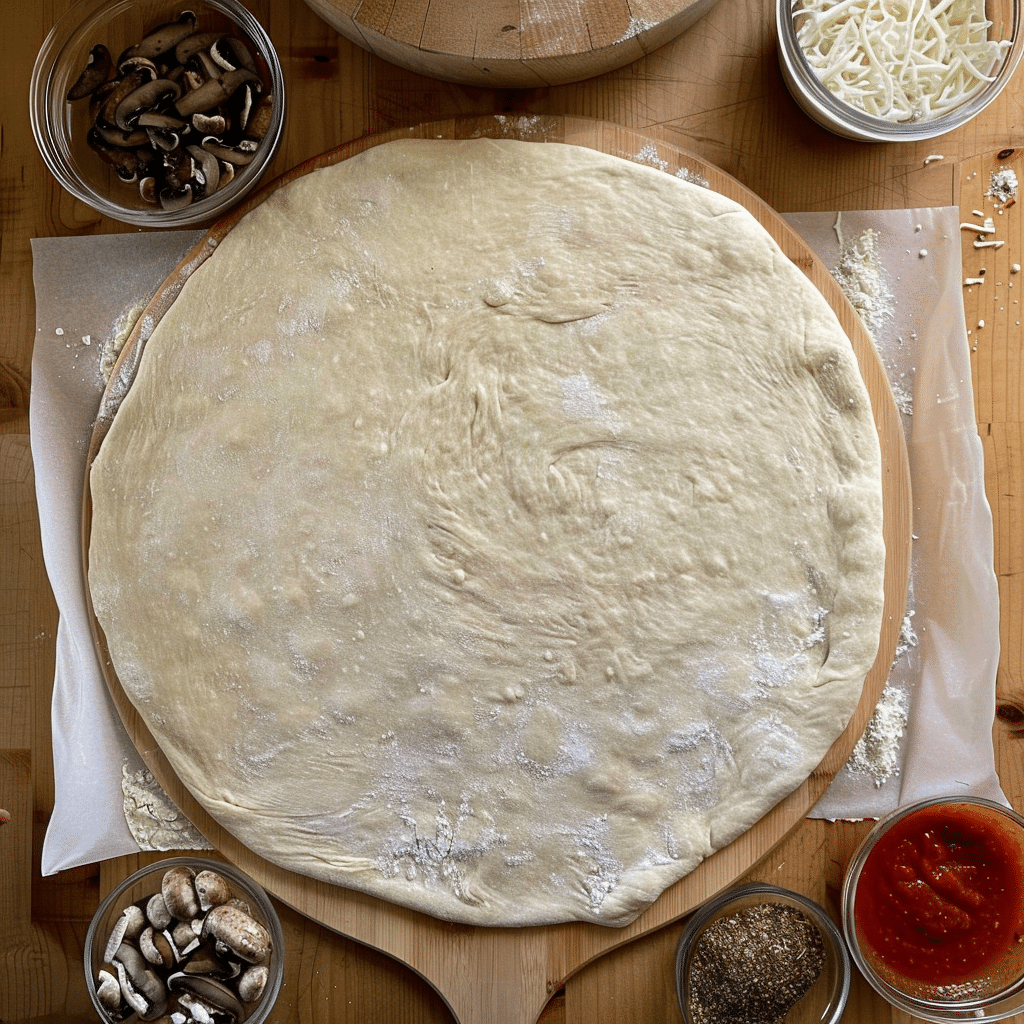 Stretched sourdough discard pizza dough on parchment paper, ready for toppings with mushrooms, cheese, and sauce on the side