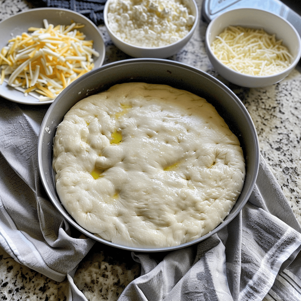 How to Make Sourdough Focaccia Pizza (Easy Recipe) 9 Ingredients for sourdough focaccia pizza with dough and grated cheeses