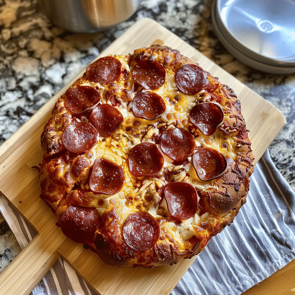 Sourdough focaccia pizza topped with melted cheese and pepperoni on wooden board