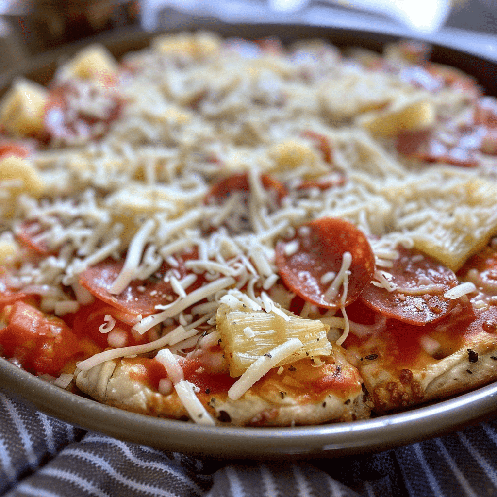 How to Make Sourdough Focaccia Pizza (Easy Recipe) 10 Sourdough focaccia pizza topped with sauce, pepperoni, pineapple, and shredded cheese before baking