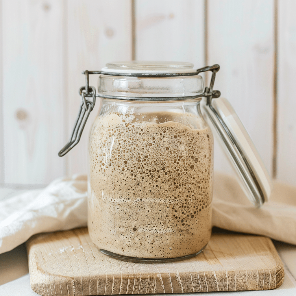 Active sourdough starter in a glass jar on a wooden board for bagel baking and maintenance