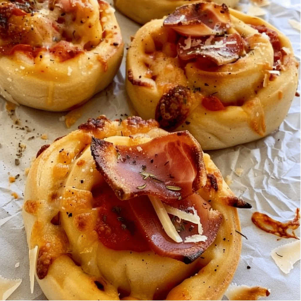 How to Make Sourdough Pizza Rolls | Step by Step Guide 5 Freshly baked sourdough pizza rolls topped with melted cheese and pepperoni slices on parchment paper