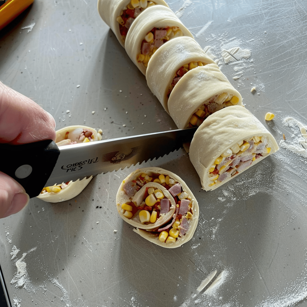 How to Make Sourdough Pizza Rolls | Step by Step Guide 3 Slicing unbaked sourdough pizza rolls filled with cheese, corn, and ham using a bread knife