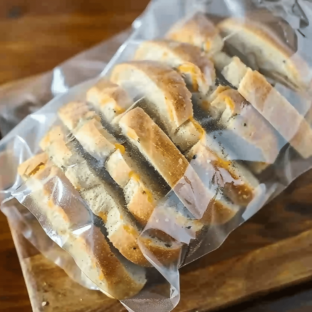 Sliced jalapeño cheddar sourdough bagels stored in a freezer bag