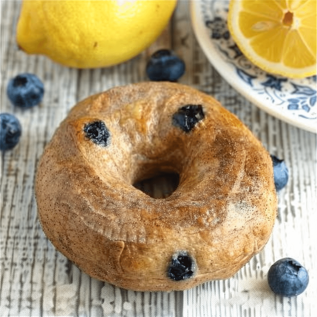 Fresh lemon blueberry sourdough bagel with citrus and berries on a wooden table