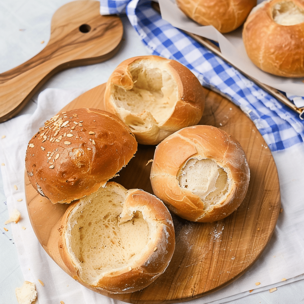 The Ultimate Sourdough Bread Bowl Recipe: Easy or Artisan Method 4 Two sourdough bread bowls with tops removed and interiors scooped out, placed on a wooden board