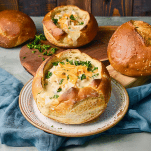 The Ultimate Sourdough Bread Bowl Recipe: Easy or Artisan Method 1 Golden sourdough bread bowls hollowed out and filled with soup on a wooden board