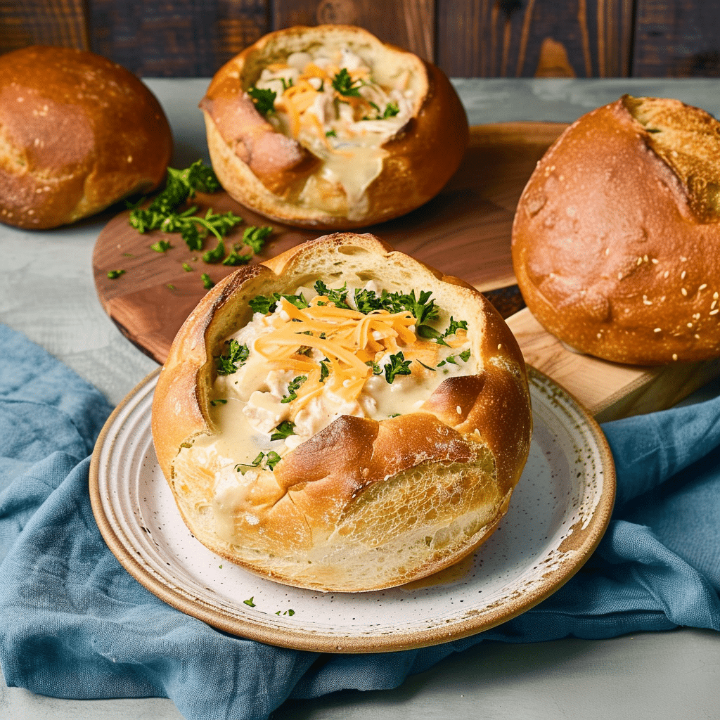 Golden sourdough bread bowls hollowed out and filled with soup on a wooden board