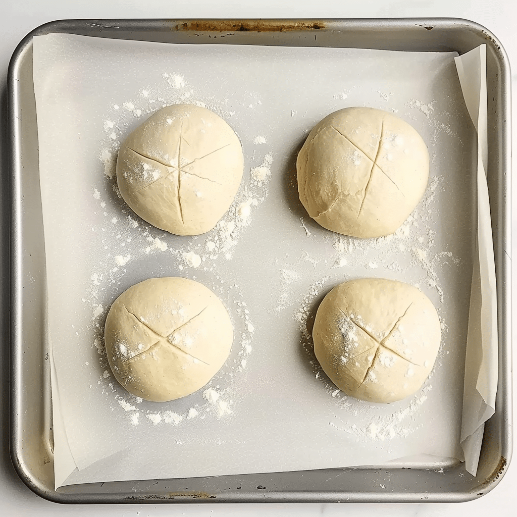 The Ultimate Sourdough Bread Bowl Recipe: Easy or Artisan Method 3 Four shaped sourdough bread bowls proofing on a parchment-lined baking sheet before baking